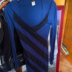 Daytrip Navy Blue Long Sleeve Top with Black Lace Trim